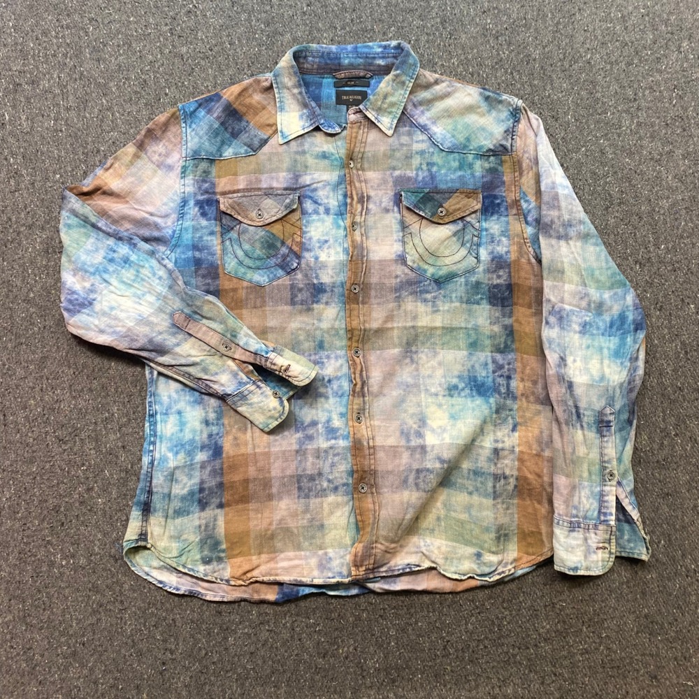 True Religion Western Shirt Sz XL Mens Blue Plaid Acid Wash Horseshoe Pocket